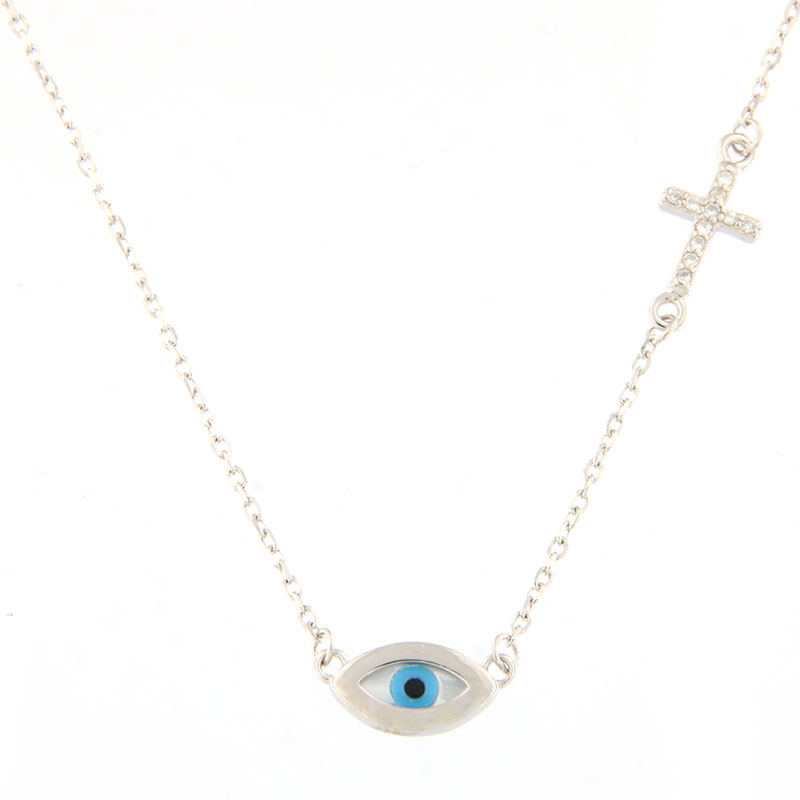 Womens silver Eye pendant with chain and cross 925 decorated with mother of pearl and white zircons.