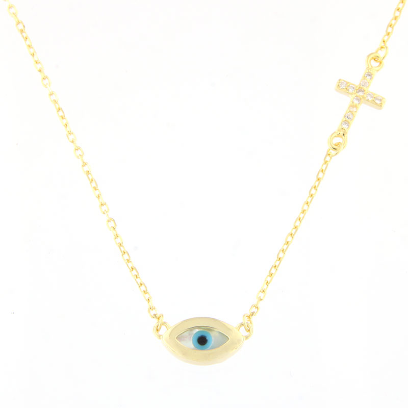 Womens silver plated pendant Eye with chain and cross 925 decorated with mother of pearl and white zircons. 