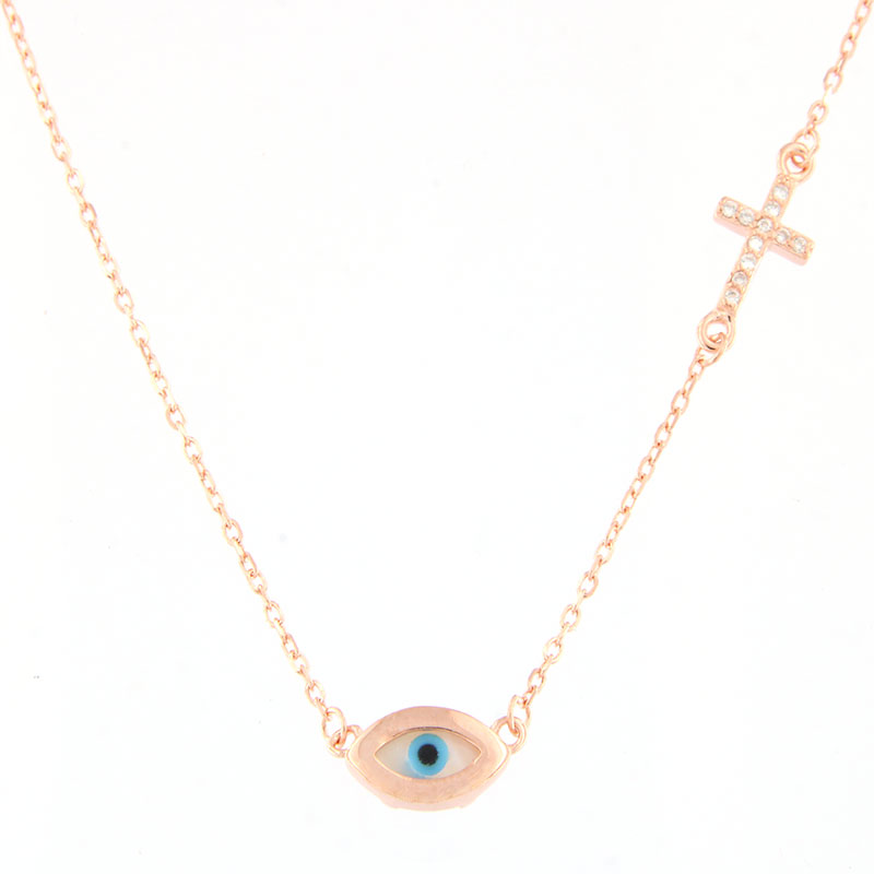 Womens silver plated pink gold plated Eye pendant with a chain and a cross 925 decorated with mother of pearl and white zircons.