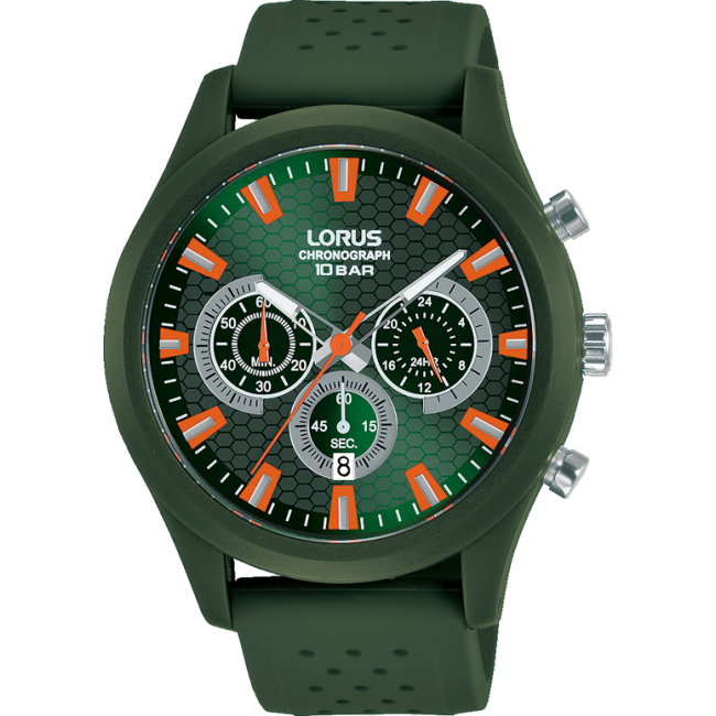Ανδρικό Ρολόι Lorus με χρονογράφο και πράσινο καουτσούκ λουράκι.