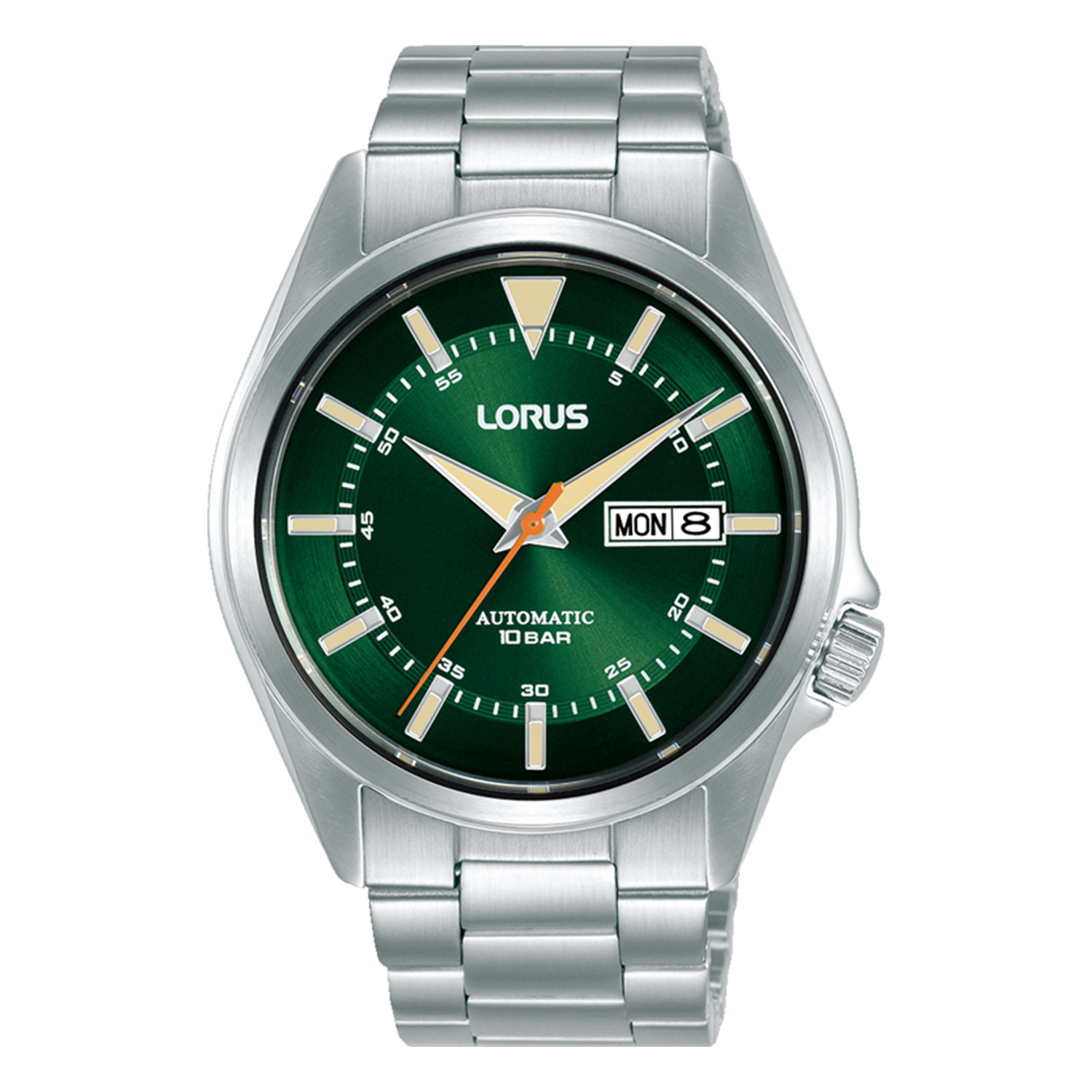 Ανδρικό Ρολόι Lorus με αυτόματο μηχανισμό από ανοξείδωτο ατσάλι με πράσινο καντράν και ασημί μπρασελέ.