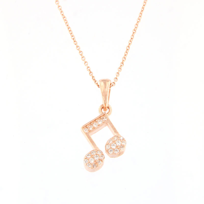 Womens silver pink pendant with a pink note and a 925 chain decorated with white zircons.