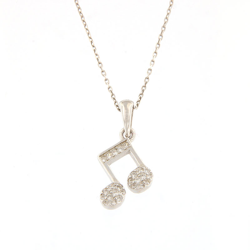 Womens silver pendant with a note and a 925 chain decorated with white zircons.