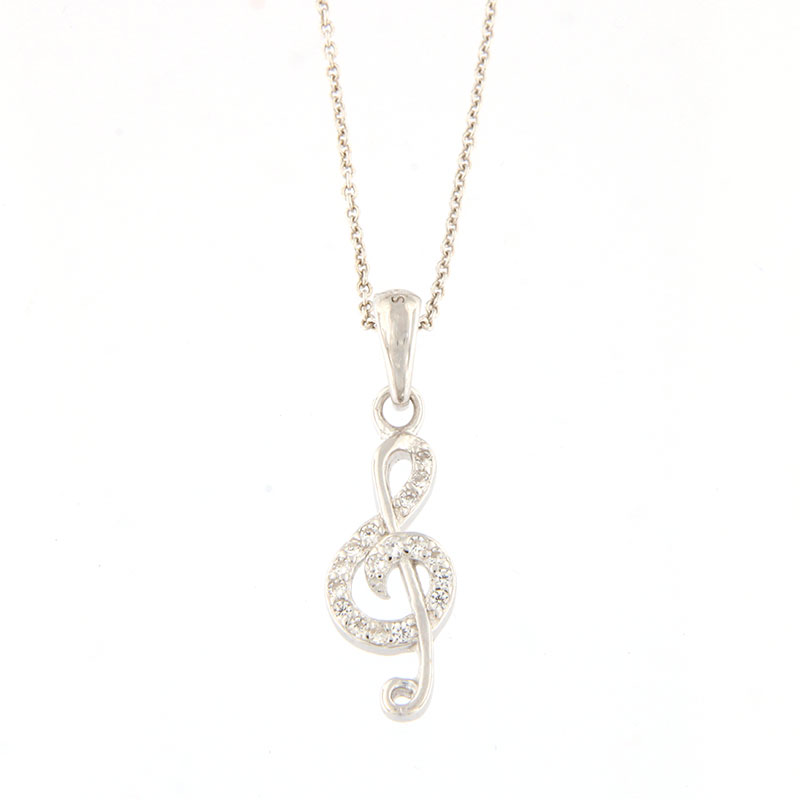 Womens silver pendant with a solo key and a 925 chain decorated with white zircons.