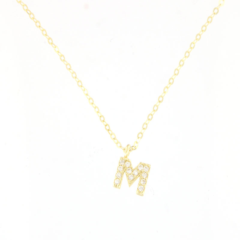 Womens gold monogram with chain (M) decorated with 9K white cubic zirconia.