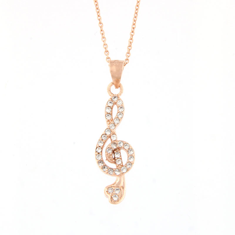 Womens silver plated pink gold plated pendant with a treble clef and a 925 chain decorated with white zircons.