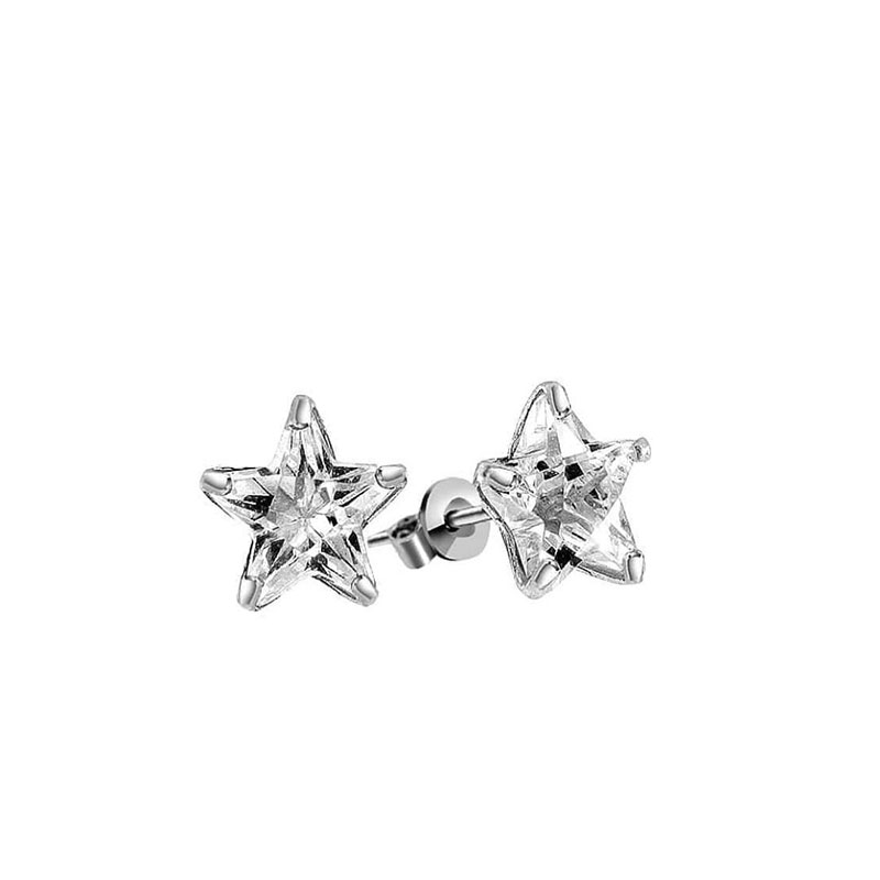 Γυναικεία ασημένια σκουλαρίκια σε σχήμα αστέρι 925 διακοσμημένα με λευκά ζιργκόν.