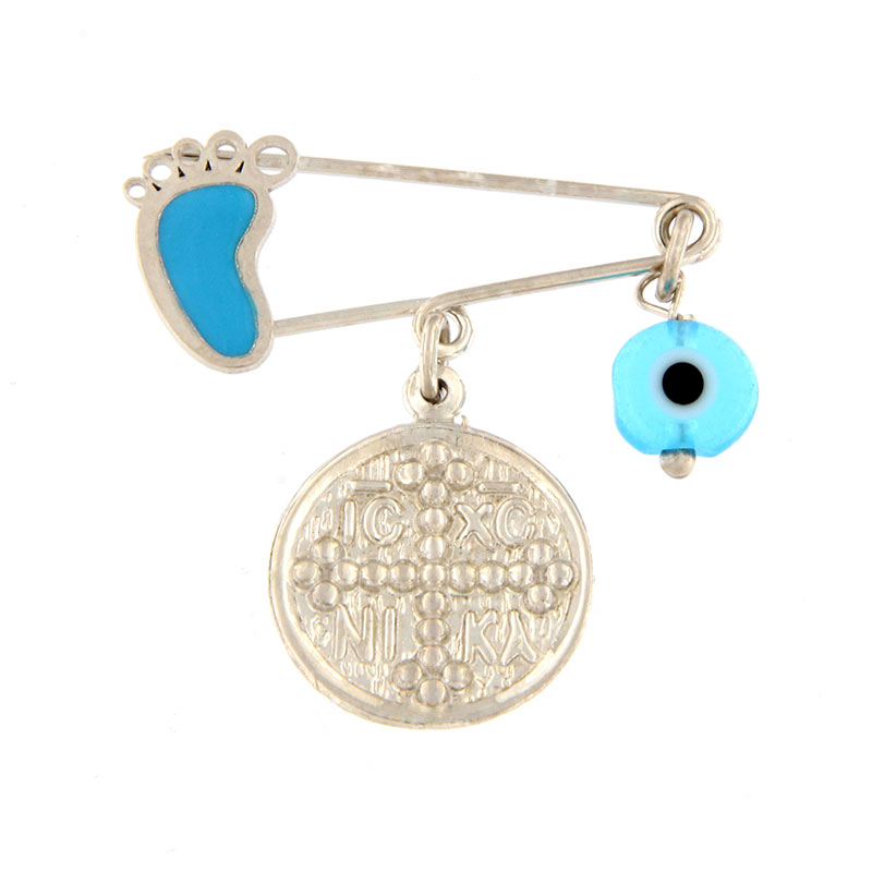 Childrens silver safety pin for Boys 925 with a gold and silver eye.