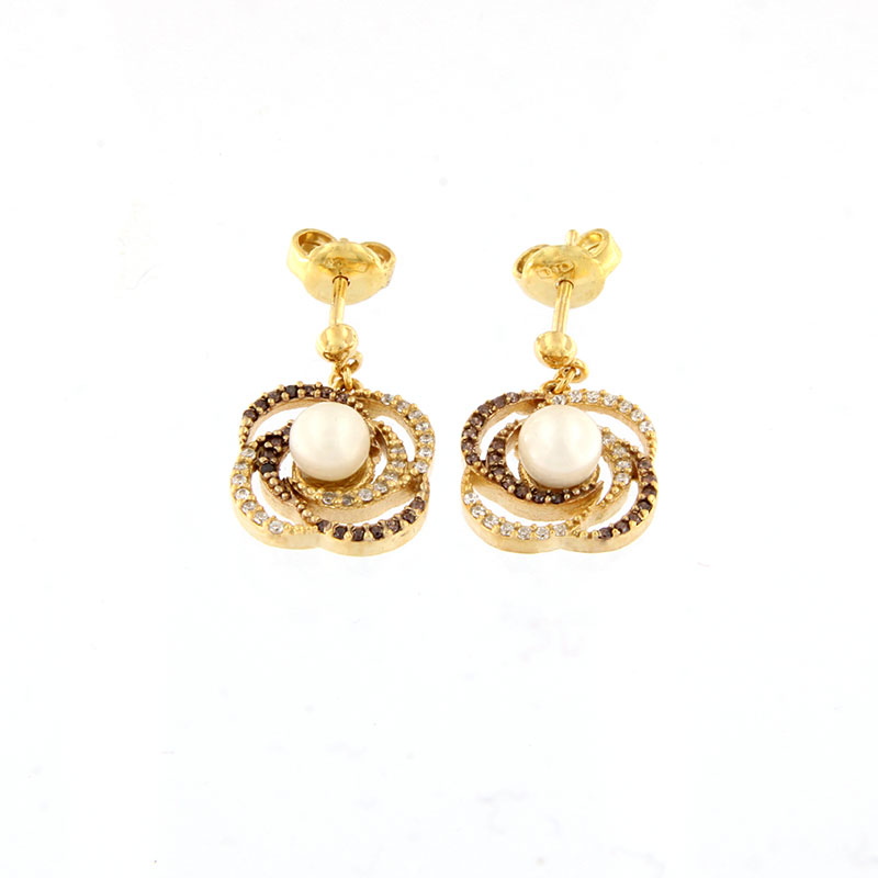 Γυναικεία σκουλαρίκια από κίτρινο χρυσό Κ9 διακοσμημένα με ζιργκόν και Μαργαριτάρια.