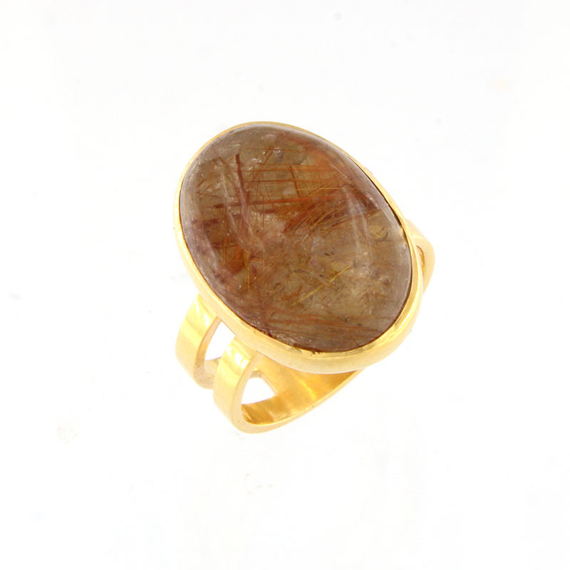 Γυναικείο χειροποίητο χρυσό δαχτυλίδι Κ18 διακοσμημένο με φυσικό καφέ Χαλαζία.