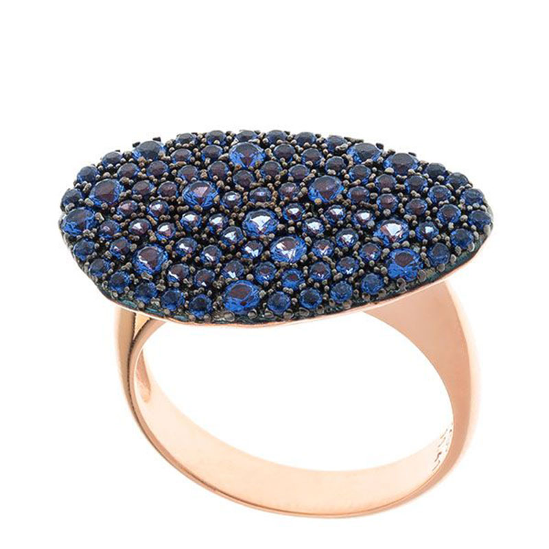 Γυναικείο ασημένιο δαχτυλίδι σε σχήμα βότσαλο 925 διακοσμημένο με μπλε ζιργκόν.
