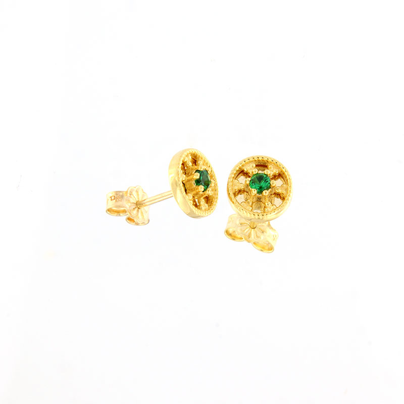 Womens 14K Byzantine stud earrings decorated with green zircons.