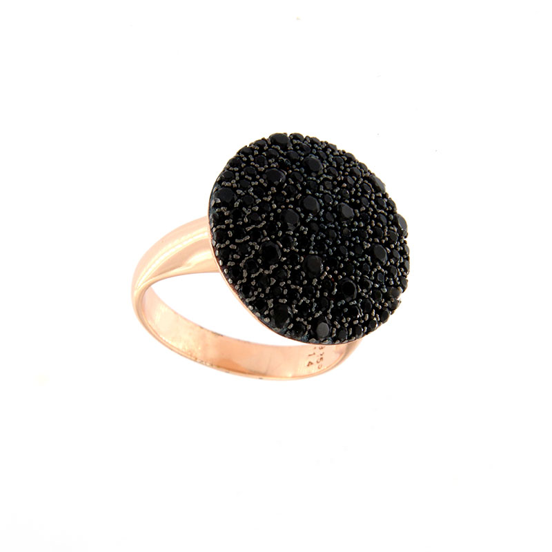 Womens silver ring in round 925 shape decorated with black zircons.