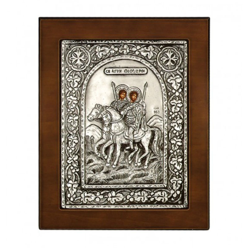 Icon HOLY MOTHERS coated with silver 925° and brown wood 17x14.