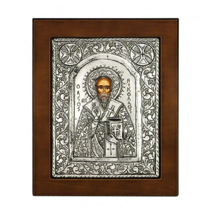 Icon SAINT NIKOLAOS covered with silver 925° and brown wood 17x14.