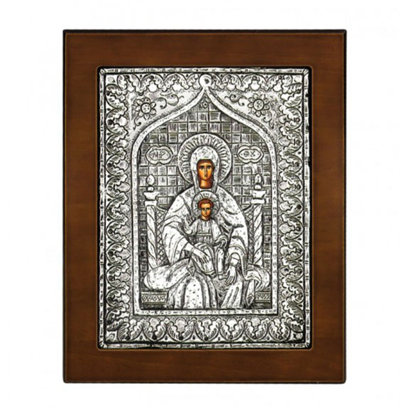 Icon of Our Lady of the Hourglasses covered with silver 925° and brown wood 17x14.