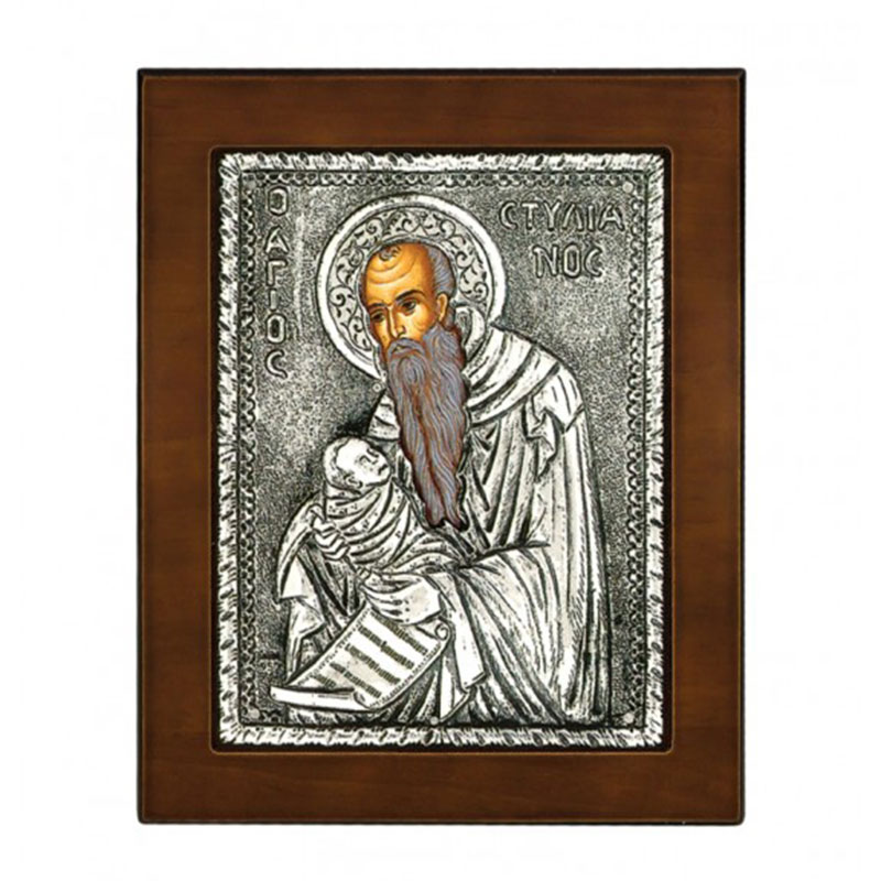 Icon of SAINT STYLIANOS covered with silver 925° and brown wood 17x14.