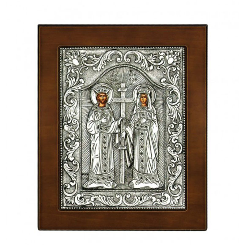Icon of Saints Konstantinos and Helen plated with silver 925° and brown wood 17x14.
