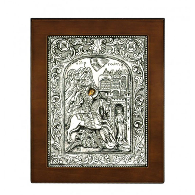 Icon of SAINT GEORGE covered with silver 925° and brown wood 17x14.