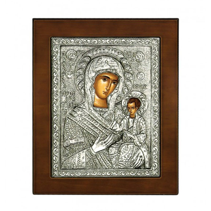 Our Lady of Prussia image plated with 925° silver and brown wood 17x14.