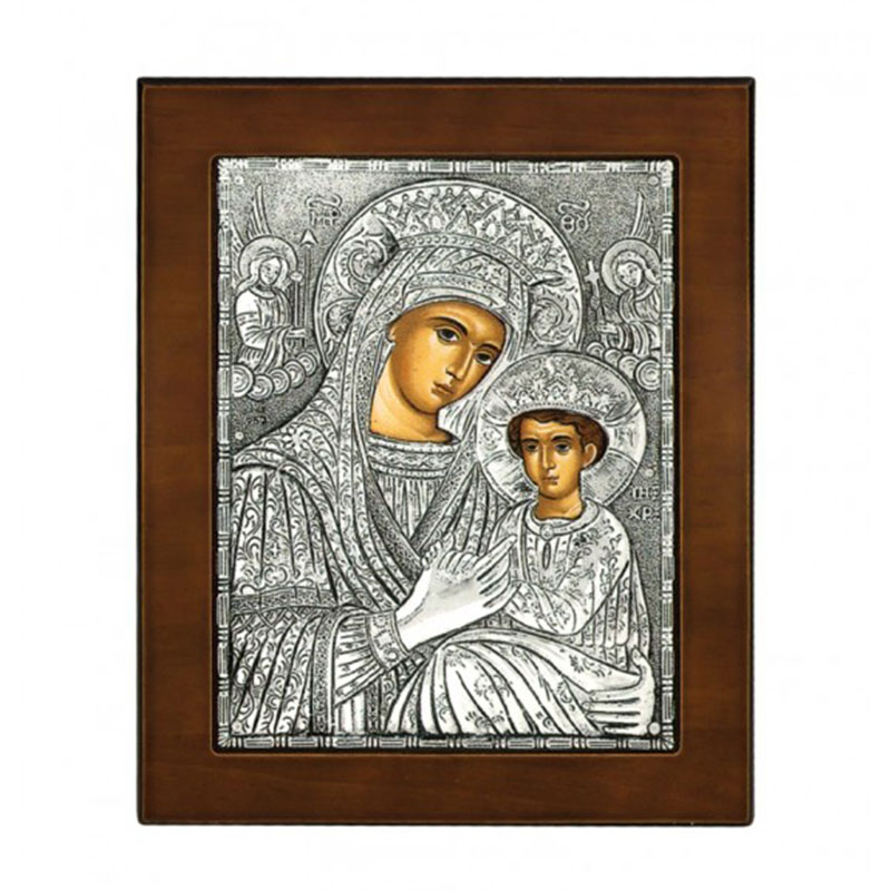 Icon of Virgin Mary of the Angels of Revival plated with silver 925° and brown wood 17x14.