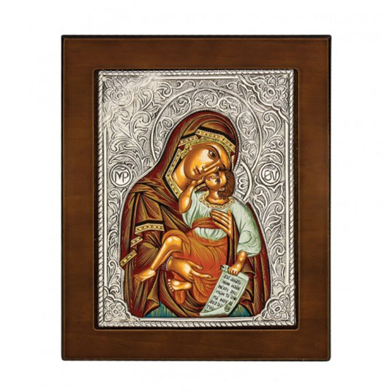 Glittering Virgin Mary icon covered with silver 925° and brown wood 17x14.
