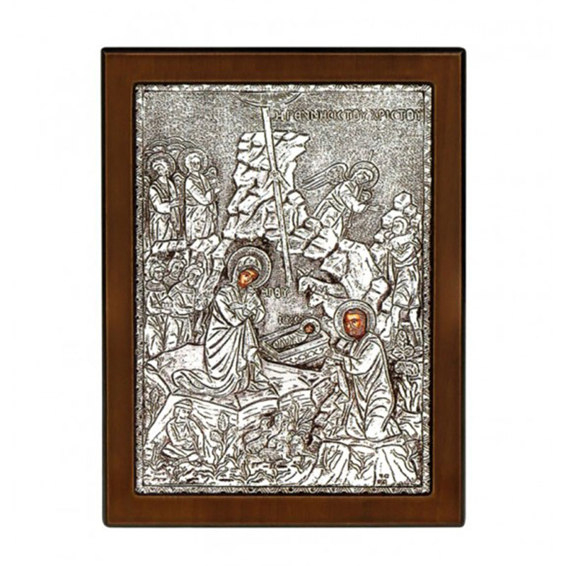 Icon THE BIRTH OF CHRIST plated with silver 925° and brown wood 23x17.