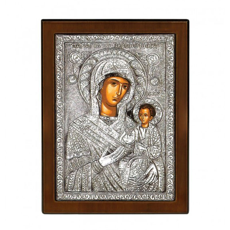 Icon Panagia Preussitissa covered with silver 925° and brown wood 23x17.