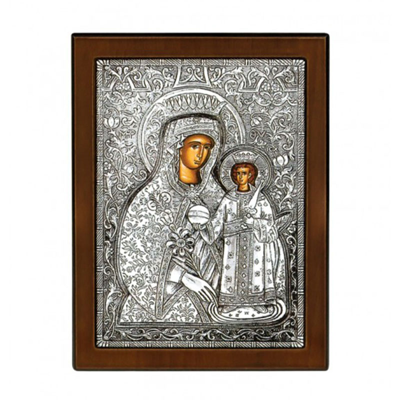 Icon PANAGIA RODO THE AMARANTO covered with silver 925° and brown wood 23x17.