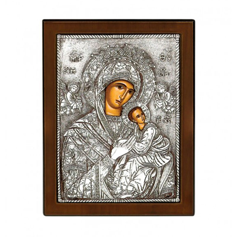 Icon Panagia Amolydos Byzantine coated with silver 925° and brown wood 23x17.