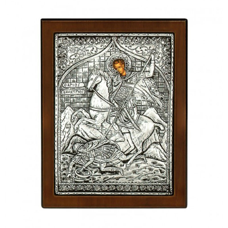 Icon SAINT DIMITRIOS coated with silver 925° and brown wood 23x17.