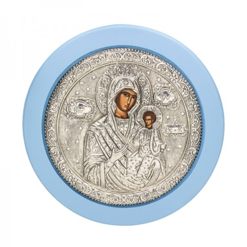 Icon Panagia Amolydos covered with silver 925° and light blue wood 15x15cm.
