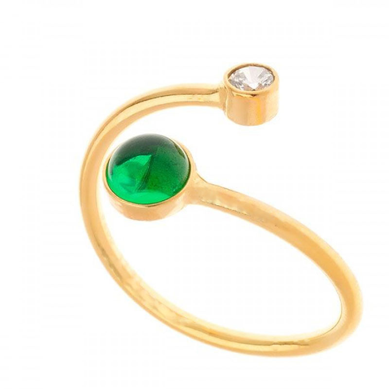 Womens silver gold plated ring 925 with white cubic zirconia and green crystal.