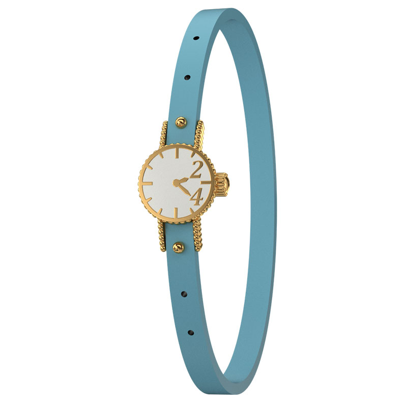 Γυναικείο βραχιόλι ρολόι γούρι 2024 από ασήμι επιχρυσωμένο 925 με σμάλτο και γαλάζιο καουτσούκ.