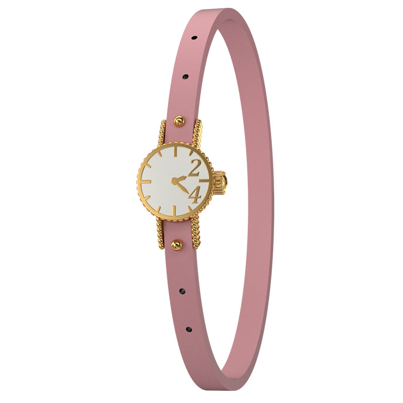 Γυναικείο βραχιόλι ρολόι γούρι 2024 από ασήμι επιχρυσωμένο 925 με σμάλτο και ροζ καουτσούκ.