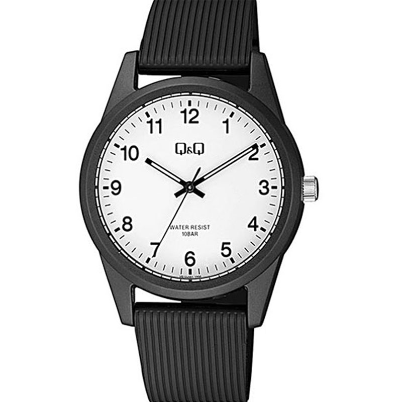 Q&Q wrist watch with white dial and black rubber strap.