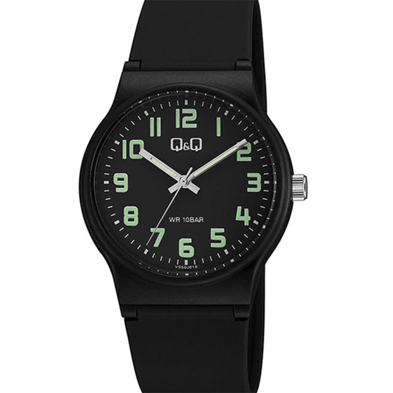 Q&Q wristwatch with black dial and black rubber strap.