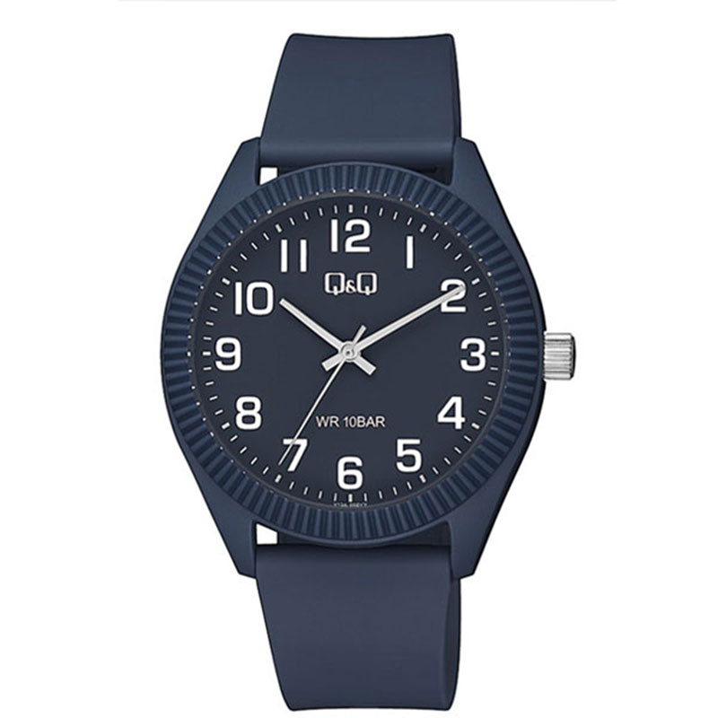 Q&Q wristwatch with blue dial and blue rubber strap.