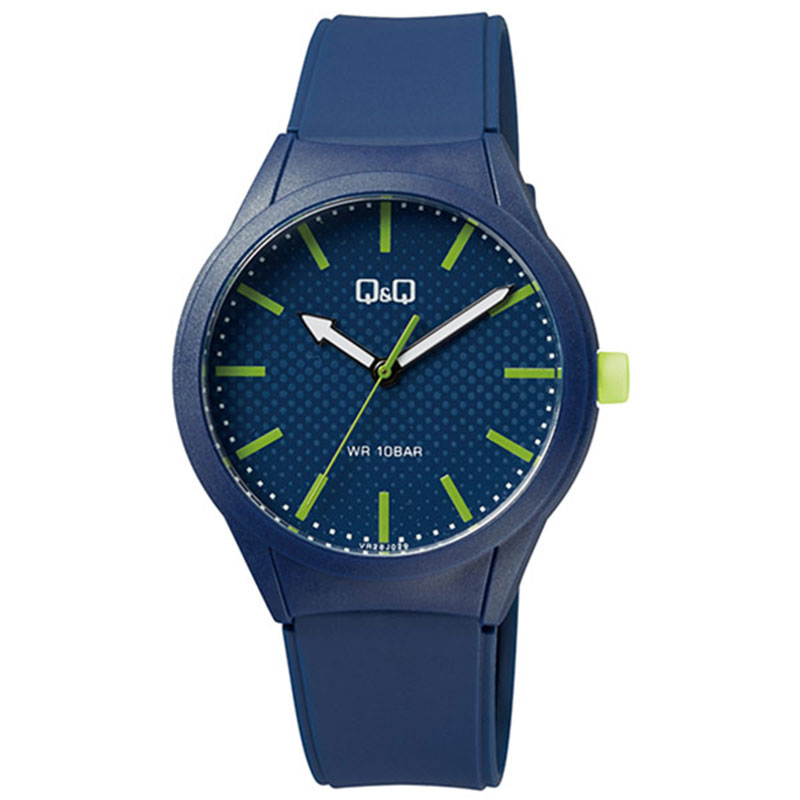 Q&Q wristwatch with blue dial and blue rubber strap.