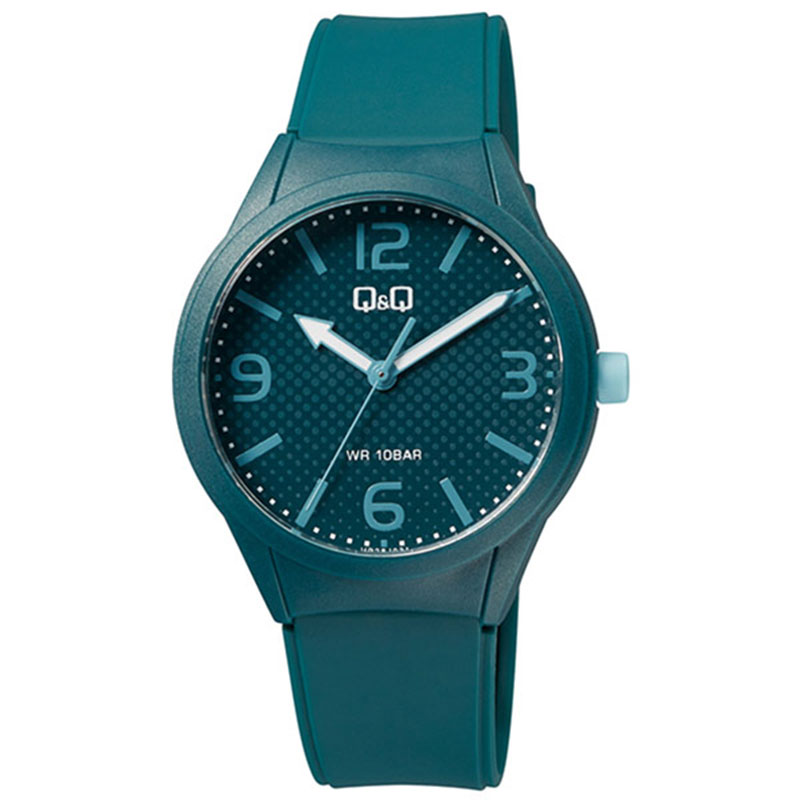Q&Q wristwatch with teal dial and teal rubber strap.