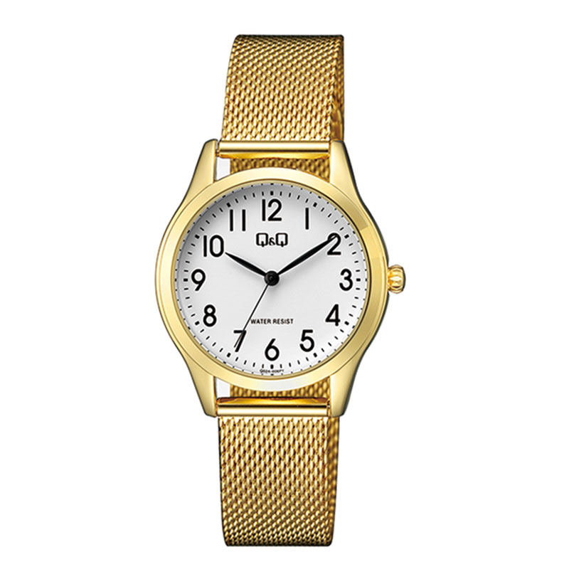 Womens Q&Q wristwatch in white dial with gold bracelet.
