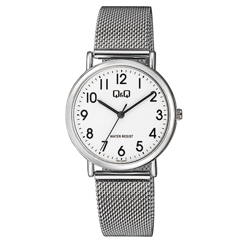 Womens Q&Q wristwatch with white dial and silver bracelet.