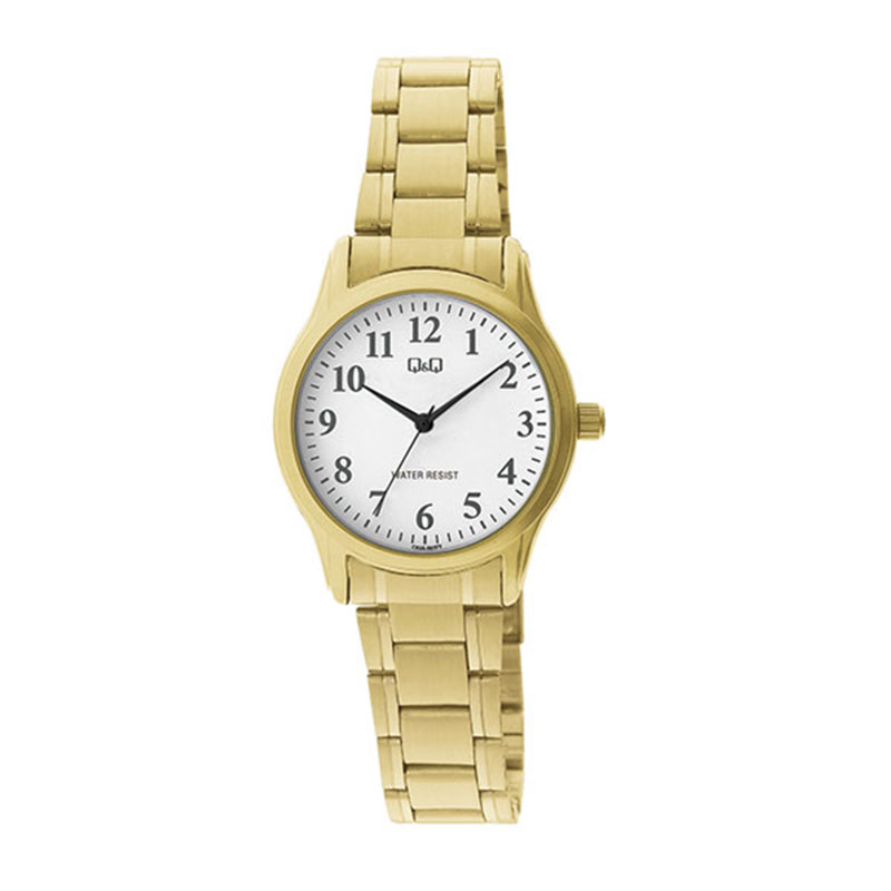 Womens Q&Q wristwatch in white dial with gold bracelet.