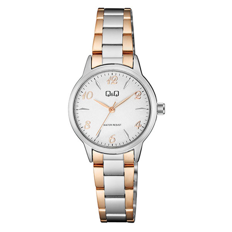 Womens Q&Q wristwatch in white dial with two-tone pink bracelet.