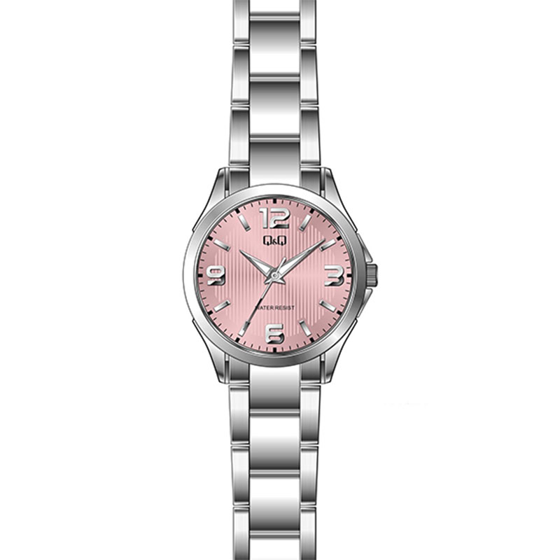 Womens Q&Q wristwatch with pink dial and silver bracelet.