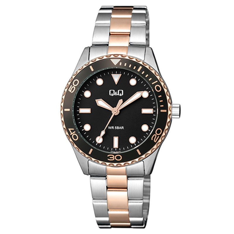 Womens Q&Q wristwatch in black dial with two-tone pink bracelet.