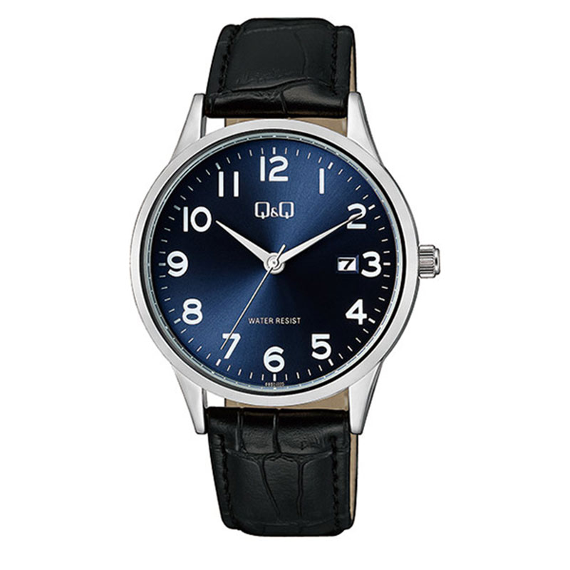 Mens Q&Q wristwatch with blue dial and black strap.