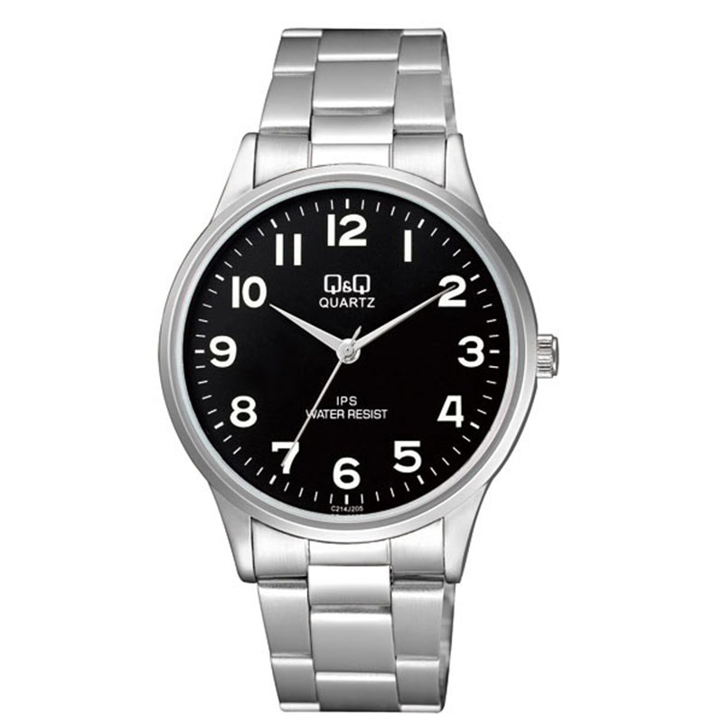 Mens Q&Q stainless steel watch with black dial and silver bracelet.