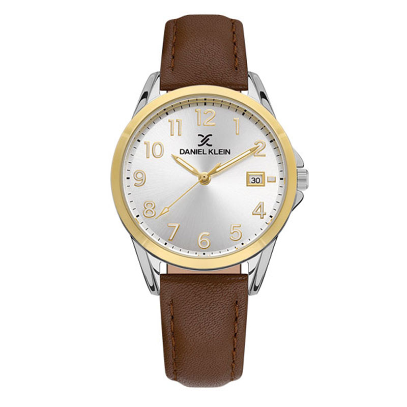 Womens DANIEL KLAIN watch made of two-tone case and brown leather strap.
