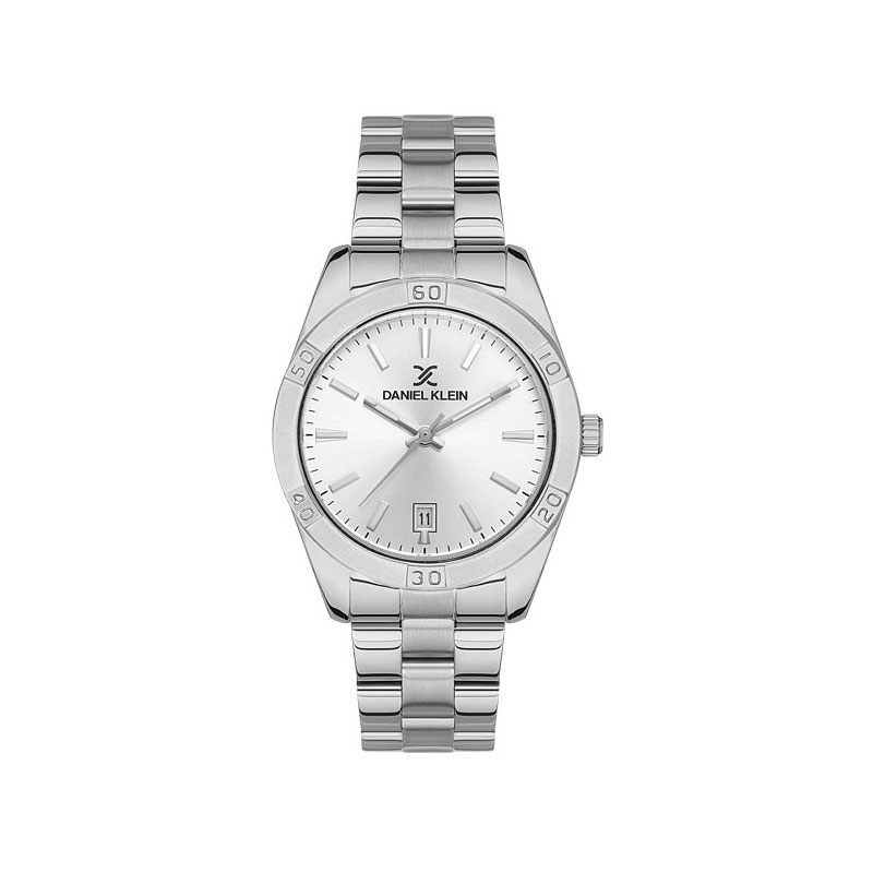Womens DANIEL KLAIN wristwatch with white dial and silver bracelet.
